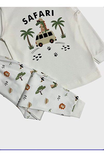 ALİŞ KİDS Boy's 100% Cotton Fabric Ecru Color Safari Patterned Long Sleeve Pajama Set