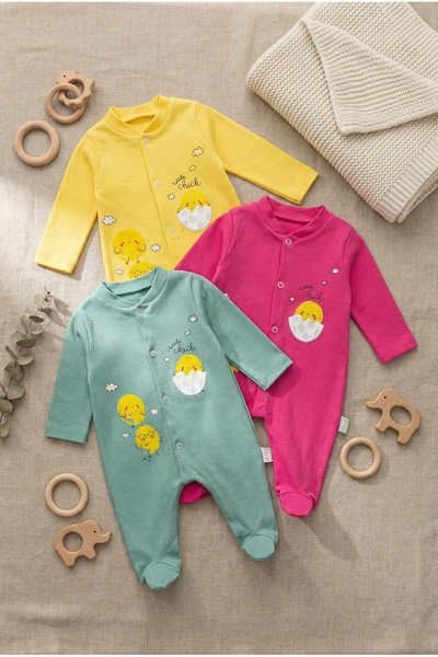 Noone 3-Piece Advantage Pack: Cotton Baby Romper Set with Cute Chick Pattern, Booties, and Full-Length Snap Fasteners