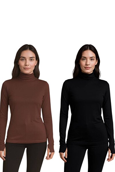 ALDAIYR 2 Дамски боди с дълъг ръкав, обло деколте и пръсти от ликра