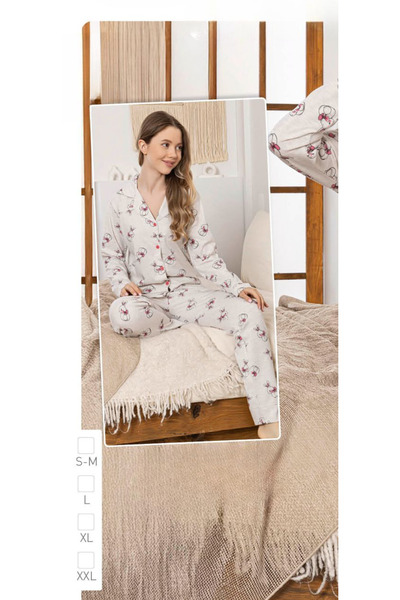 İpek Women's Long Sleeve Front Button Rabbit Pattern Pajama Set