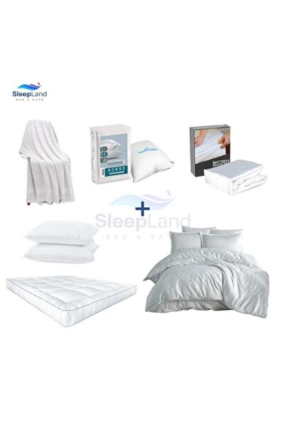 SLEEPLAND Hotel-quality mattress topper set (14 cm thick), mattress protector, pillow protector set, cotton towel, two hotel pillows, and a white hotel bedspread.