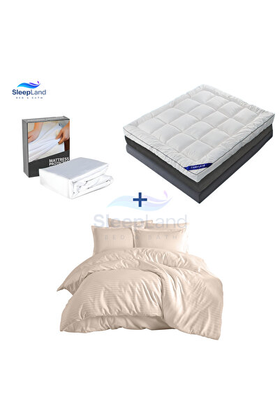 SLEEPLAND Hotel-style mattress pad set, 14 cm high, with mattress protector and beige hotel-style bedspread.