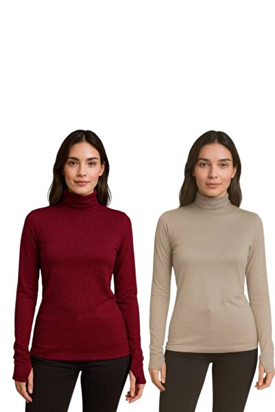 ALDAIYR 2 Pcs Round Neck Women's Long Sleeve Fingered Stretch Fabric Bodysuit