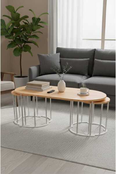 Nokta Sehpa Home 2+1 YAVRULU GÜMÜŞ METAL ATLANTİK ÇAM OVAL ORTA SEHPA