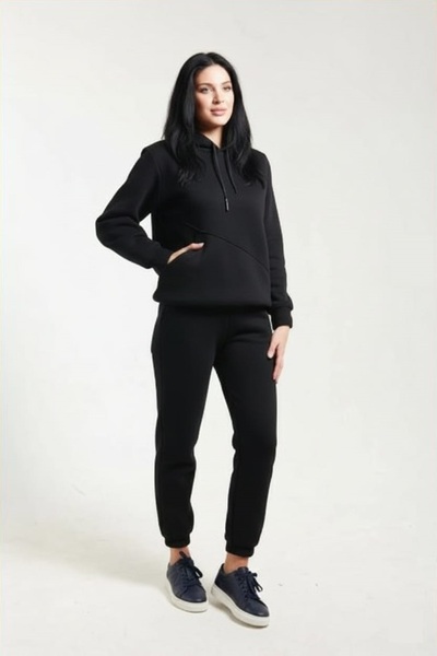fh fashionhere Women's Side Pocketed, Fleece Lined, Soft Top and Bottom 3 Thread Black Tracksuit Set