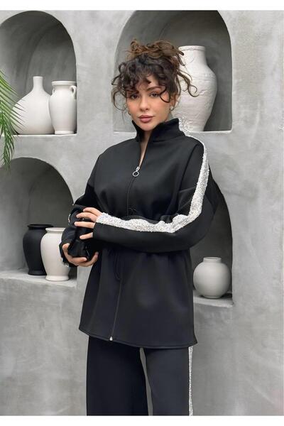 Cardella Simli Striped Detail Premium Scuba Fabric Hijab Compatible Two-Piece Set with Pants