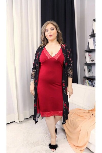 Truva XXL Nightgown Black Floral Dressing Gown Lace Stretch Fabric Viscose Combed Cotton Set