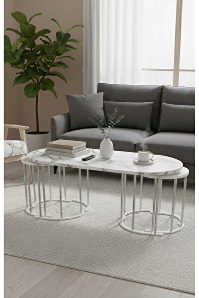Nokta Sehpa Home 2+1 YAVRULU GÜMÜŞ METAL BEYAZ MERMER DESEN OVAL ORTA SEHPA