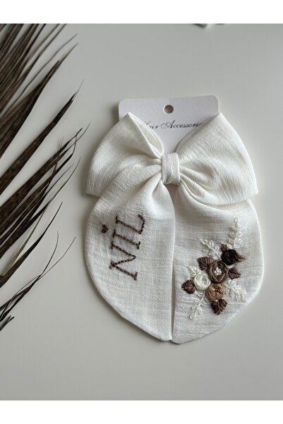 Nur Baby Kişiye özel isimli fiyonk toka kahve krem çıt çıt toka