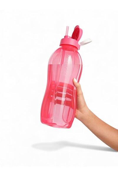 Tupperware Eco Bottle 2 Lt Bottle with Straw Pink + Eco Bottle Brush Black
