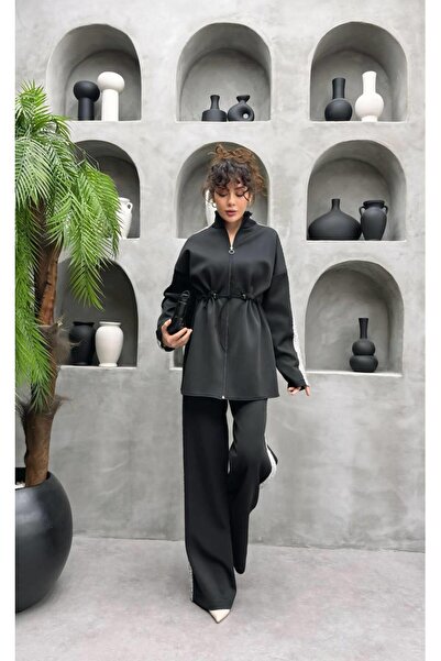 Cardella Simli Striped Detail Premium Scuba Fabric Hijab Compatible Two-Piece Set with Pants