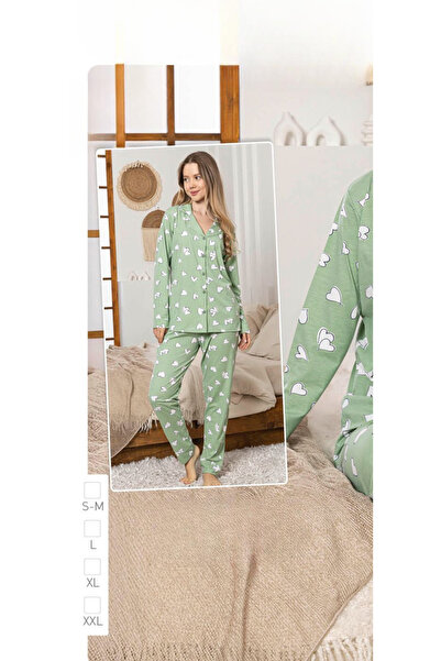 İpek Women's Long Sleeve Front Button Heart Pattern Pajama Set