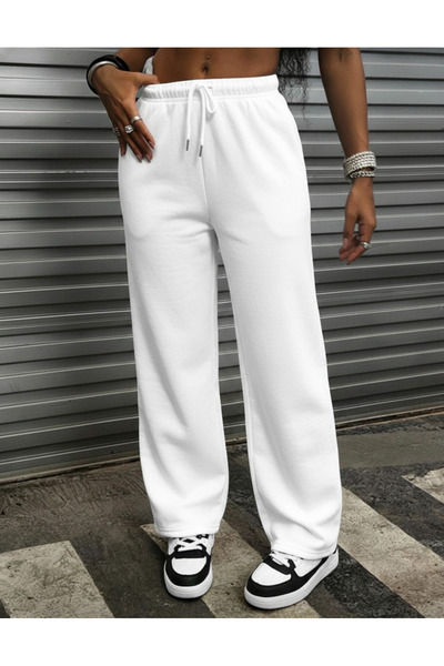 SLAW REZZ Women's Black Sweatpants High Waist Winter Fleece-Lined Stitched Hem Wide Leg Sweatpants