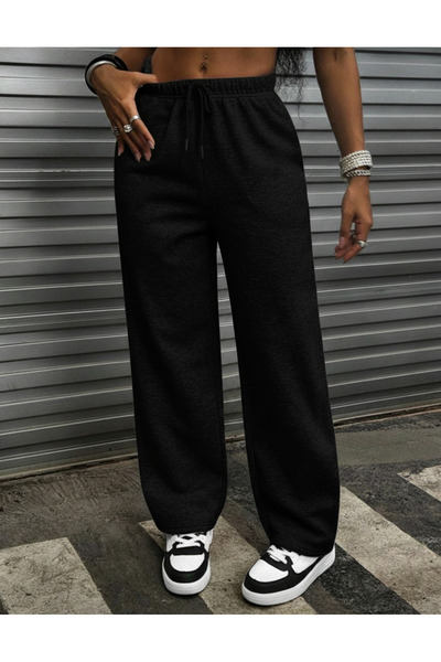 SLAW REZZ Women's Black Sweatpants High Waist Winter Fleece-Lined Stitched Hem Wide Leg Sweatpants