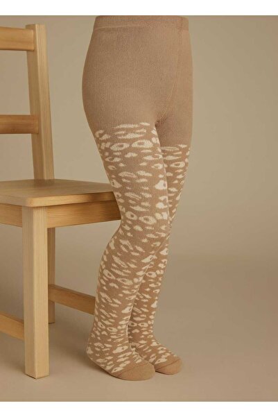 DÜVEN Leopard Patterned Thick Towel Beige Color Girls' Pantyhose