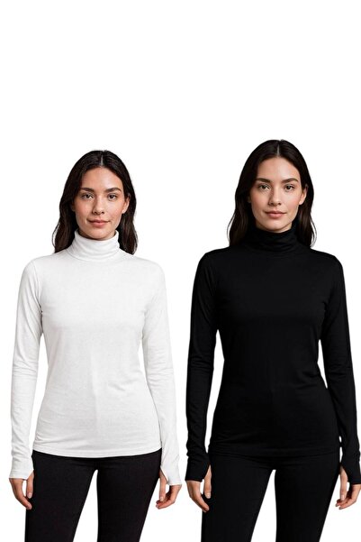 ALDAIYR 2 Pcs Round Neck Women's Long Sleeve Fingered Stretch Fabric Bodysuit