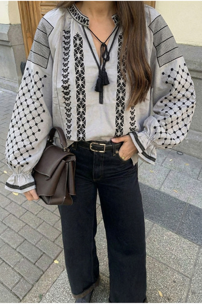 FEMELLE Women's Gray Tassel Collar Cotton Blouse with Gathered Ankles and Embroidered Detail