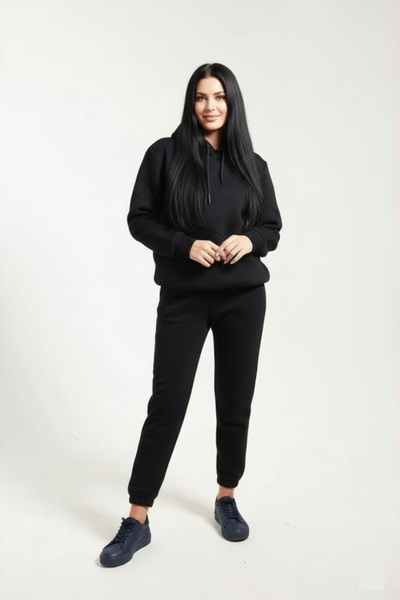 fh fashionhere Women's Side Pocketed, Fleece Lined, Soft Top and Bottom 3 Thread Black Tracksuit Set