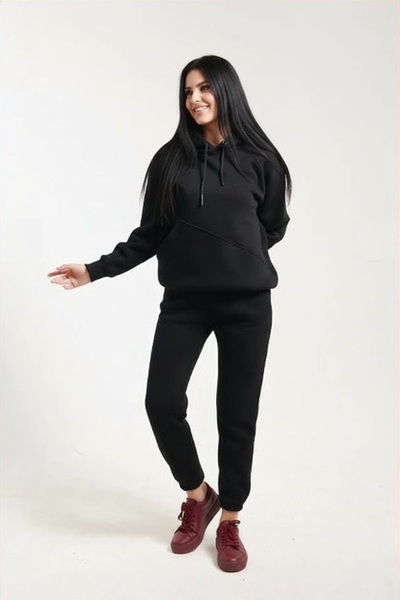 fh fashionhere Women's Side Pocketed, Fleece Lined, Soft Top and Bottom 3 Thread Black Tracksuit Set