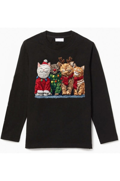 Efendioğlu Design Long Sleeve 4 Cats New Year Christmas Christmas Printed Cot...