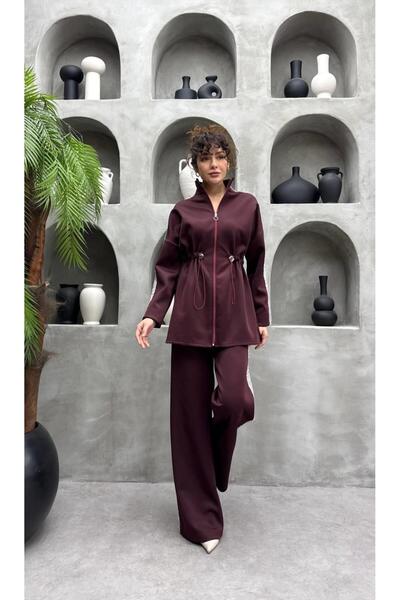 Cardella Simli Striped Detail Premium Scuba Fabric Hijab Compatible Two-Piece Set with Pants