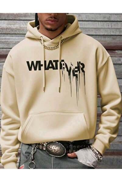 Elvino Whatever Printed Women'S/Men's Unisex Beige Oversized Hooded 3-Thread Sweatshirt