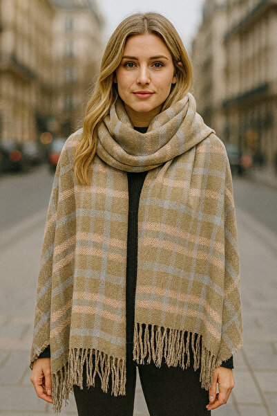 Saria Moda Soft Textured Plaid Thick Shoulder Shawl