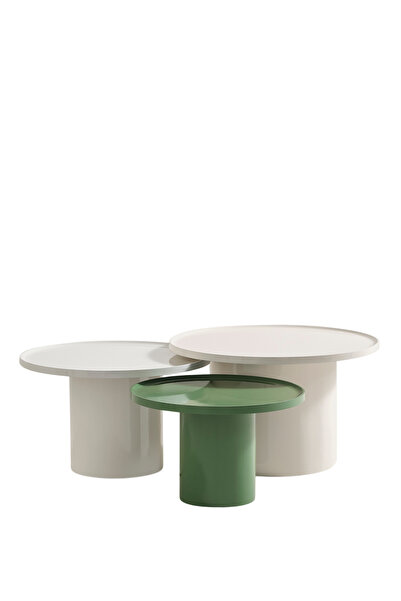 BEKALIVING Mirvan Beyaz Bej Yeşil Ahşap 3'lü Orta Sehpa