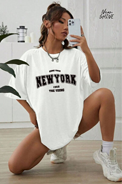 New Shine تي شيرت نيويورك كوم ترو مطبوع قصة فضفاضة