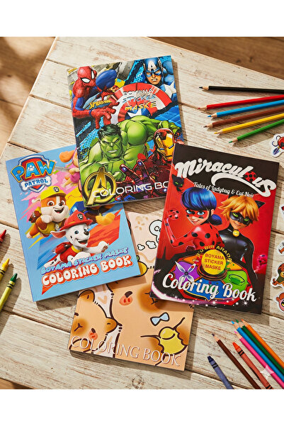 Srctech 4'lü (Paw - Miraculous - Capybara - Avengers) Stickerlı Boyama Kitabı - Boyanabilir 16 Sayfa