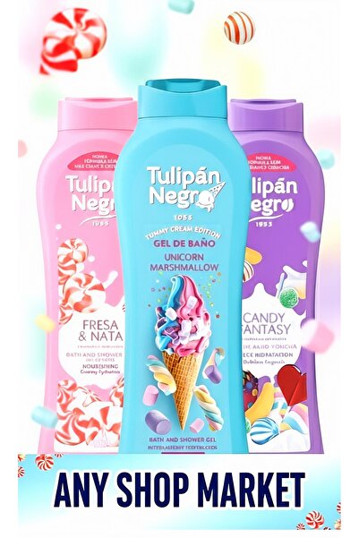 Tulipan Negro Pachet 3 Geluri de Duș Cremoase Tulipán Negro - Fresa & Nata, Unicorn Marshmallow și Candy Fantasy