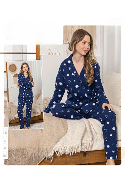 İpek Women's Long Sleeve Front Button Star Pattern Pajama Set
