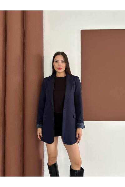 Narstorm Women's Navy Blue Striped Lined Blazer Jacket with Pocket Detail