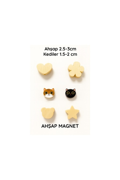 kaya ve demir 6'lı Ahşap Kedi Magnet Seti - Dekoratif Hediyelik Buzdolabı Süs...