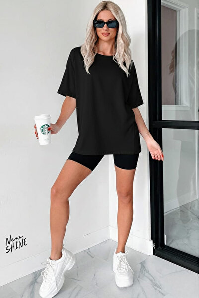 New Shine تي شيرت غير مطبوع كبير الحجم للجنسين