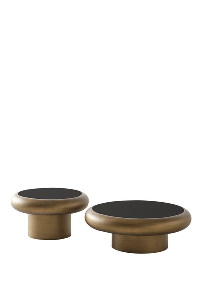 BEKALIVING Belukha Sehpa Brass Ahşap Cam Detaylı Silindir Yuvarlak 2'li Orta Sehpa