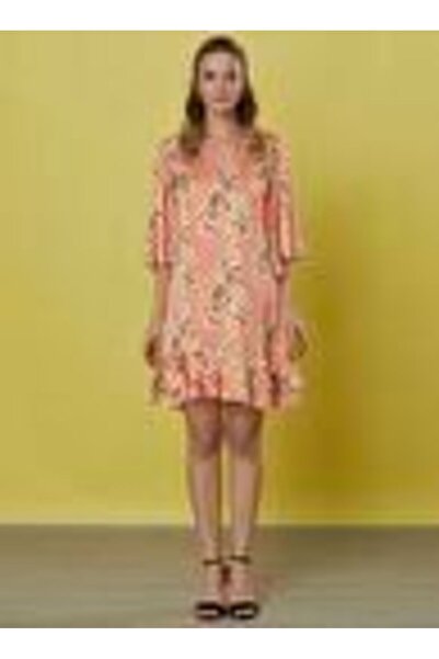 Selen Yuvarlak Yaka Emprime Somon Kadın Saten Elbise - 22YSL7078