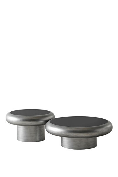 BEKALIVING Belukha Silver Ahşap Cam Detaylı Silindir Yuvarlak 2'li Orta Sehpa
