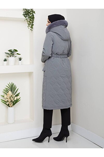 MİHRİZAR Premium a Quality Quilted Nova Women's Coat with Belt Detail