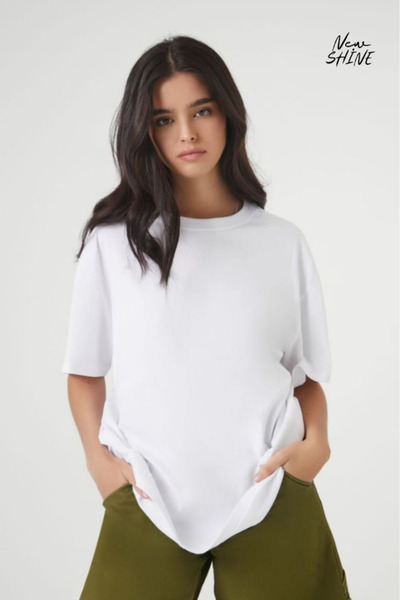 New Shine تي شيرت غير مطبوع كبير الحجم للجنسين