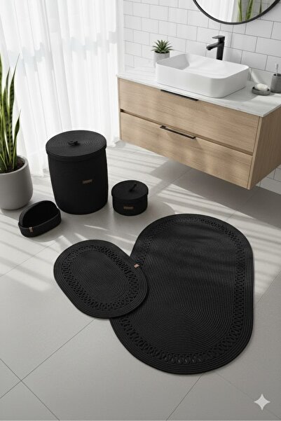 GNG Home Tekstil طقم حمام من الجوت، طقم سجادة حمام، سلة مهملات، سجادة لحوض المرحاض وطقم سلة، طقم حمام