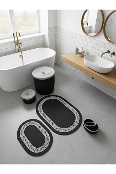 GNG Home Tekstil Jute Bathroom Set, Mat Set, Trash Can, Toilet Seat Mat and Basket Set Bathroom Set