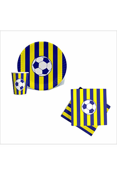 ZENVİVA Fan Yellow Navy Blue 8 Plates, 8 Glasses, 10 Napkins