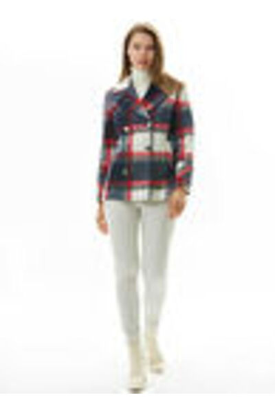 Selen Lacivert Kadın Kruvaze Standart Ekose Kaban 24KSL9402