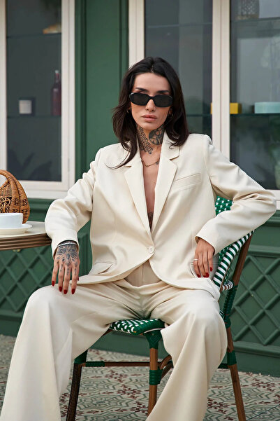 AYSHAN Beige Oversized double slit detailed blazer jacket