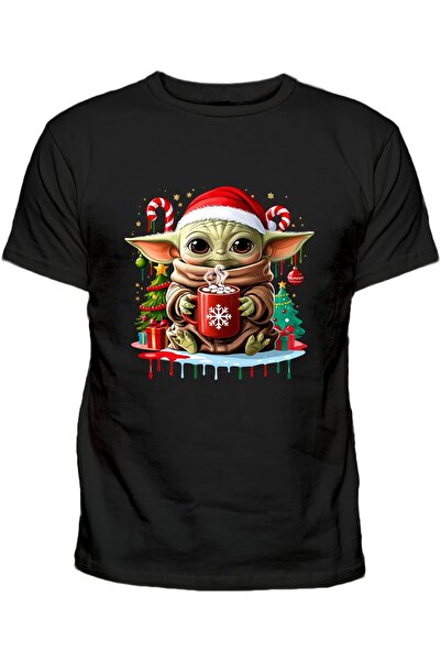 Efendioğlu Design Cute Christmas Baby Yoda Printed Cotton Adult T-Shirt for New Year Christmas