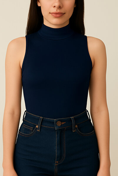 Hayalet Soft Modal Textured Cotton Woven Mock Neck Sleeveless Women's Basic Bodysuit – Stretchy and Shaping / Sculpting