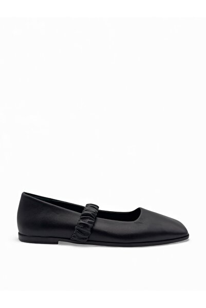 Vieris Shoes Ruche Siyah Hakiki Deri Kare Burun Büzgülü Bantlı Mary Jane Kadı...