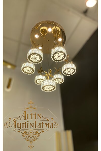 Home Altın Aydınalma Solez Ledli 3Renk Plaket Kristal Avize Kelbek Taşli