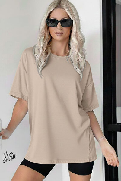 New Shine تي شيرت غير مطبوع كبير الحجم للجنسين